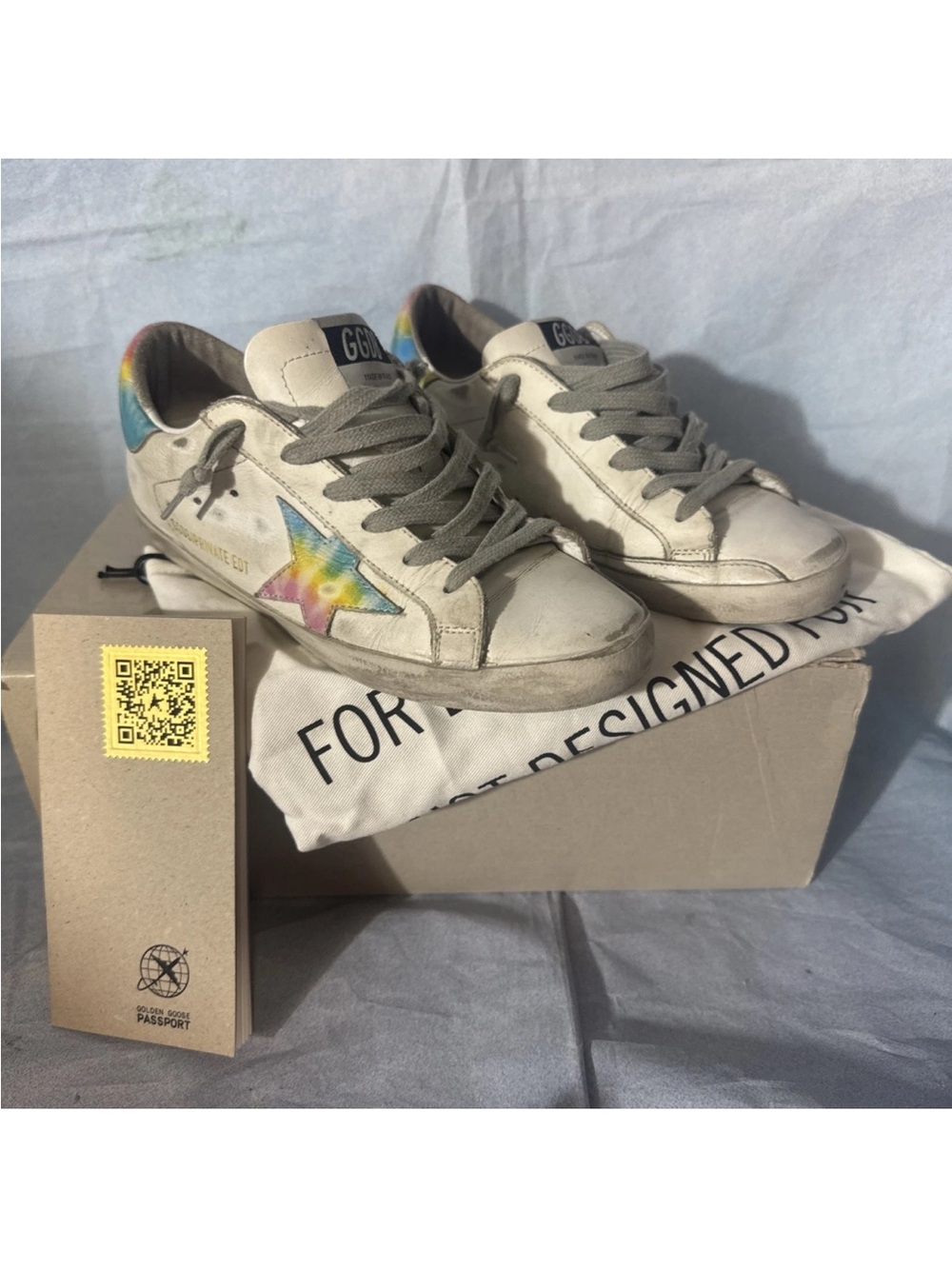 Golden Goose White Low-Top Sneakers with Rainbow Heel